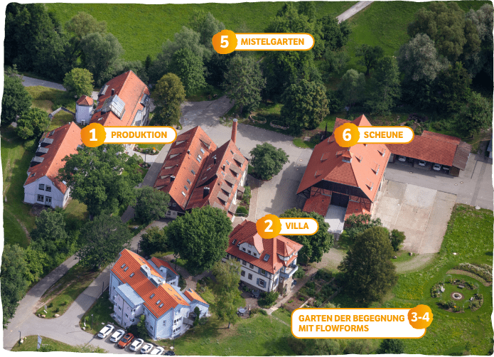 Ein Überblick über die Gebäude der Fischermühle in Rosenfeld: Hauptsitz der Helixor Heilmittel GmbH
